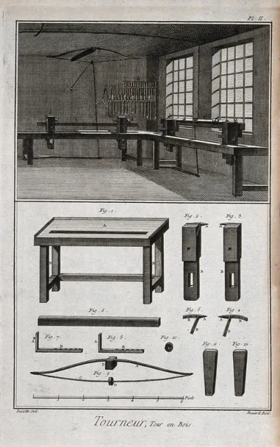 A turner's workshop, the crank of a large lathe, the tools ranged around the walls