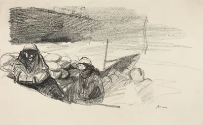 a) Two Soldiers in a Trench (recto); b) Interior with Figures Seated Behind Table (verso)