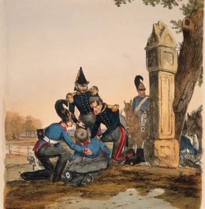 A uniformed German army doctor treats a wounded soldier on a hilltop while others assist and stand nearby