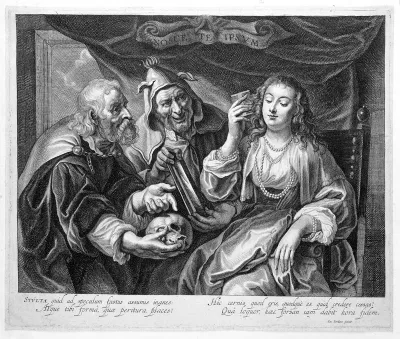 A vain woman combing her hair, a fool showing her her face in a mirror, and a philosopher pointing to a skull as a reminder of the vanity of transient things