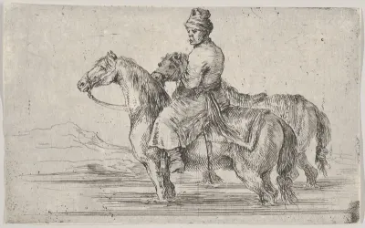 A valet taking two horses to bathe, sitting atop one horse in a river, the other beside him to right