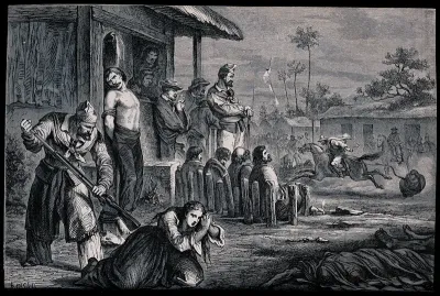 A variety of methods of torture: a man has been rolled into a carpet and is dragged to death by a horse, a woman is hit with a rifle-butt and a man is tied to a post outside a hut