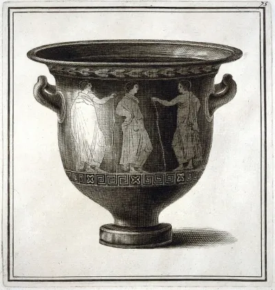 A vase (bell-krater) painted with three young man wearing robes, two of them holding staffs