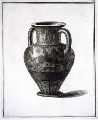 A vase (neck-amphora) painted with a man riding on a galloping horse with a hound