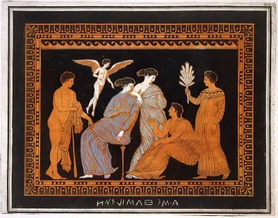 A vase-painting: a man and a winged genius approach two seated women and two standing women