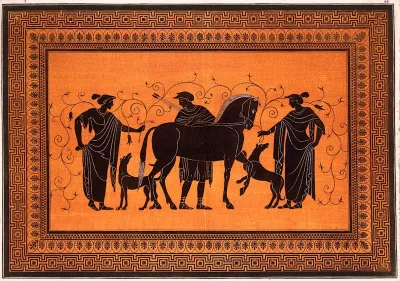 A vase-painting: a man with a horse, two hounds and two women