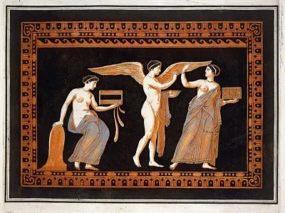 A vase-painting: a winged genius holding a bowl attends two young women holding boxes