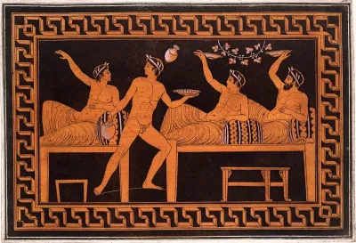 A vase-painting: four young men at a symposion