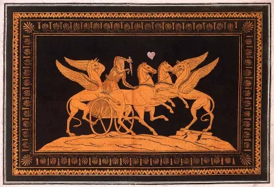 A vase-painting: two gryphons attack a charioteer who defends with a sword