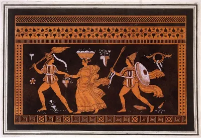 A vase-painting: two men accompanying a woman with a basket on her head; a thiasos (?)