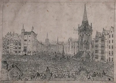 A vast crowd of people throngs the streets of a city