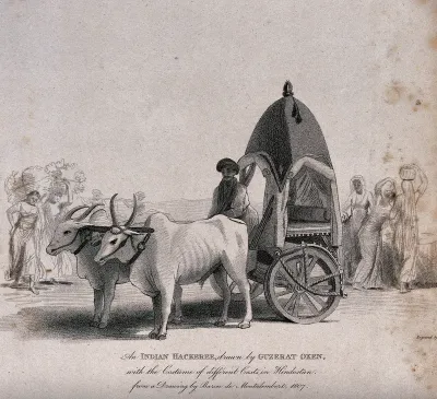 A vehicle with wooden wheels pulled by two oxen in India