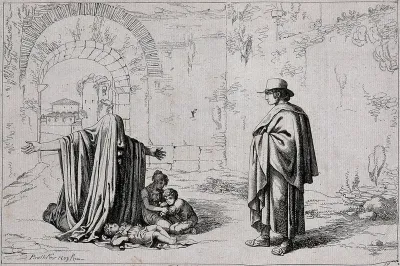 A veiled woman, kneeling, begs a young man for alms; her three sick children at her feet