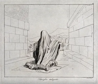 A veiled woman, kneeling, begs for alms before her swaddled baby