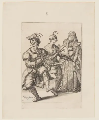 A Veiled Woman with Two Musicians Playing a Gridiron and a Bellows, from The Masquerades
