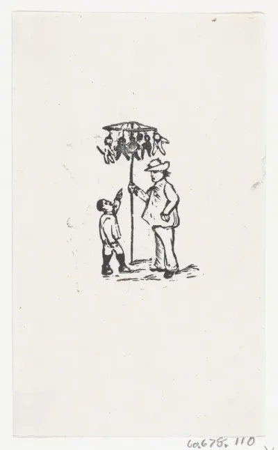 A vendor selling toys to a child