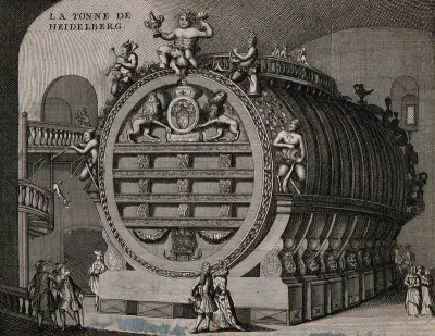 A very large and ornate wine barrel, the Heidelberg Tun, being admired by fashionable visitors