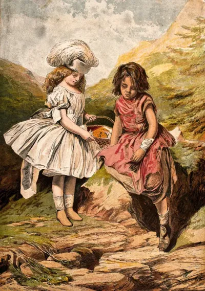 A very poor looking girl, sitting on a rock, is approached by a well-dressed girl who offers buns from the basket in her hand