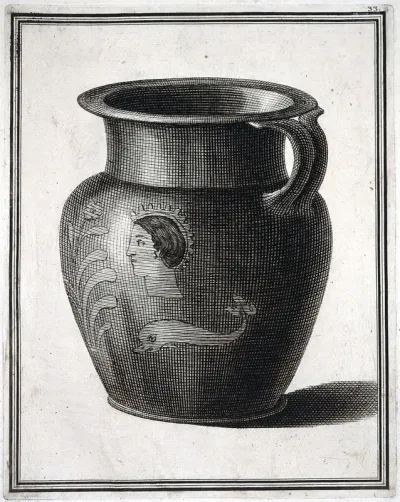 A vessel (olpe) for containing wine or oil, painted with the profile of a woman and a dolphin