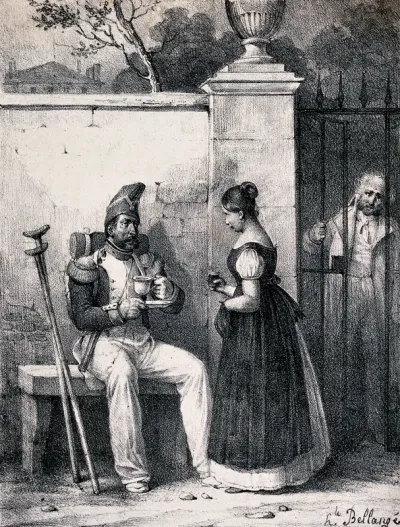 A veteran soldier with a pair of crutches is sitting on a bench talking to a young woman who has brought him some refreshment
