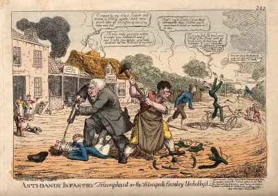 A veterinary surgeon and a blacksmith attacking dandies on velocipedes, in an attempt to preserve the use of horses as a means of transport, and therefore securing their own trades