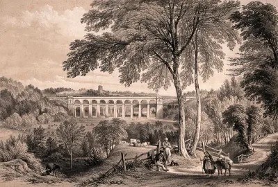 A viaduct from a country lane with people resting and travelling