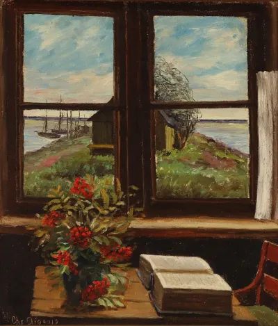 A view of a coast seen through a window.