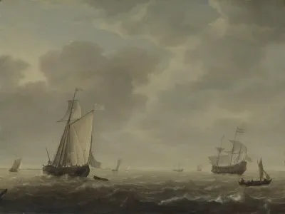 A View of an Estuary, with Dutch Vessels at a Jetty and a Dutch Man-of-War at AnchorA View of an Estuary