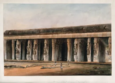 A view of Mandapam, Tamil Nadu, with giant horses carved on the pillars