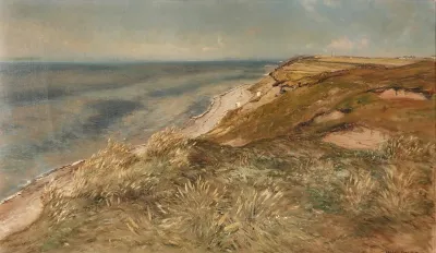 A view of the coast at Tisvilde with bathing huts on the beach.