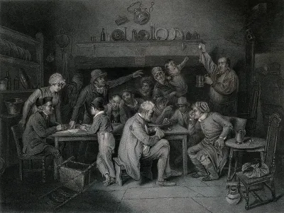 A village ale-house, in which the landlord is offering a watch as the prize in a raffle