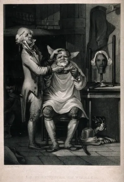 A village barber shaving a man