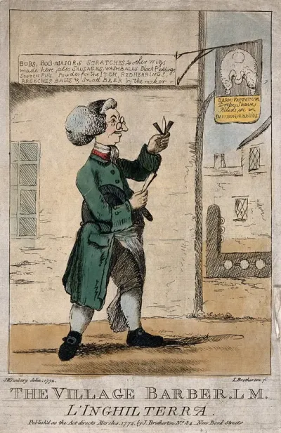 A village barber-surgeon standing in front of his shop, holding a razor and a lancet; in the distance are the village stocks