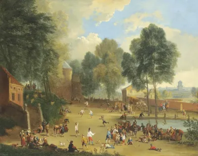 A village landscape with figures playing ball games
