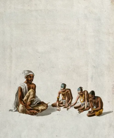 A village school; a teacher giving lessons to three children