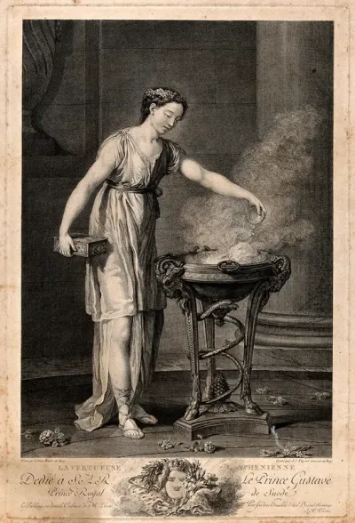 A virtuous Athenian woman pouring incense on to a flaming tripod