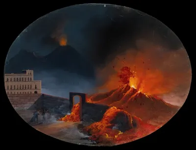 A volcanic eruption in Herculaneum (?), showing the advance of lava flow over walls, with Vesuvius visible in the background