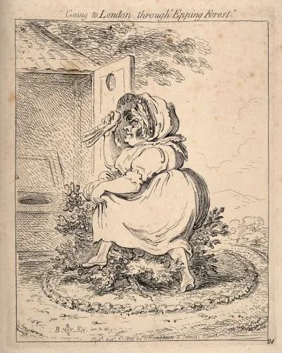 A voluminous woman crossing a bush in a circle of foliage to get to a latrine; perhaps representing Garnerin's London balloon flights of the time