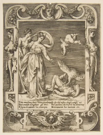 A vulture eating the innards of Titius, Cupid above two women to the left, set within and elaborate frame, from "Loves, Rages and Jealousies of Juno"