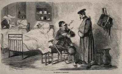 A ward in a military hospital showing two convalescents and two bed-ridden patients