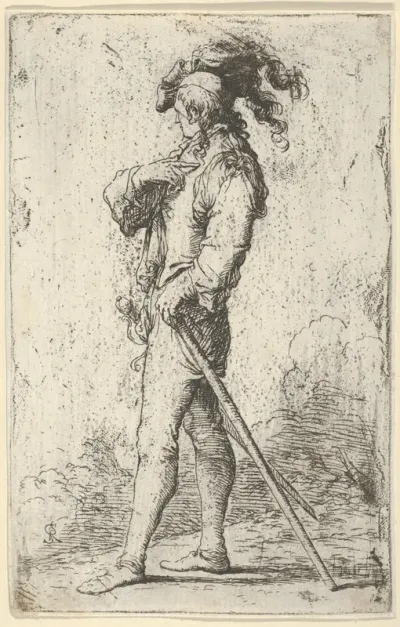 A warrior facing left wearing a plumed hat and holding a cane, from "Figurine"