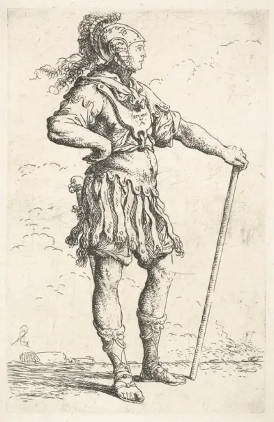 A warrior facing right wearing a plumed helmet and holding a staff, from "Figurine"