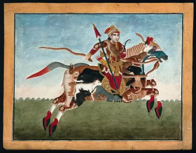 A warrior galloping on a horse whose body is formed from a variety of animals, including birds and fish