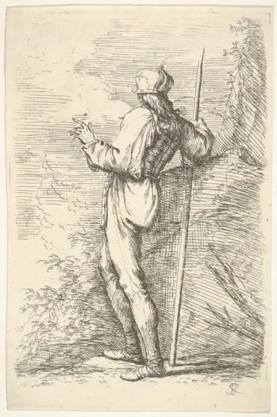 A warrior shown from behind holding a staff and leaning on a rock, from "Figurine"