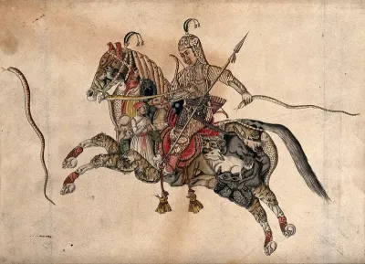A warrior wearing armour riding on a mythical creature in the shape of a horse, but formed by a variety of animals, people, birds and fish, holding a snake in each hand