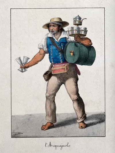 A water-carrier carrying his barrel of water, with glasses and a jug on a tray