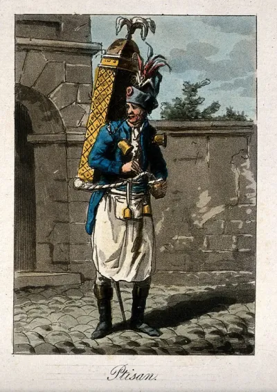 A water seller carries a large container on his back with cups attached