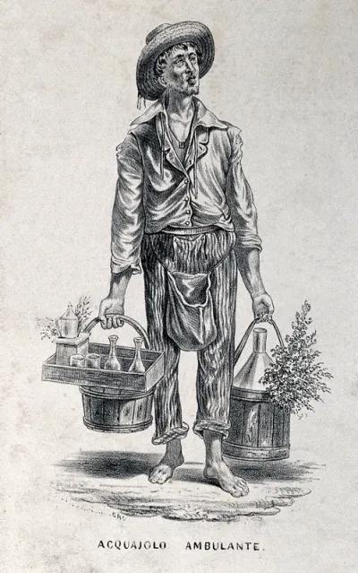 A water seller carries his water canister and a tray with carafes and glasses