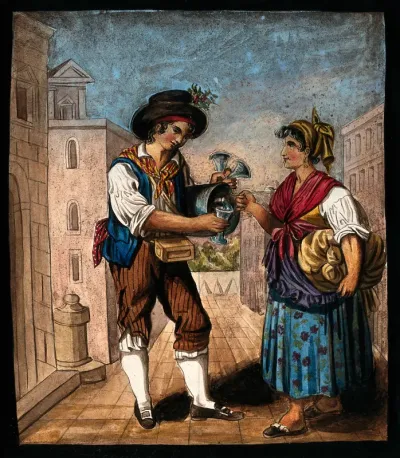 A water seller in Naples offers a glass of water as refreshment to a woman who is carrying a large bundle under her arm
