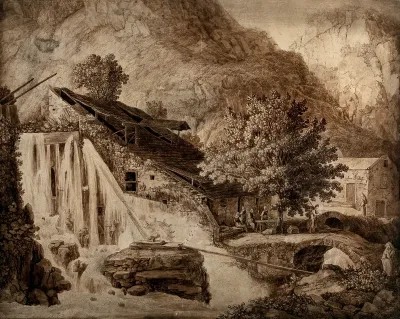 A waterfall in Amalfi, driving a wheel outside an iron-works or iron mine